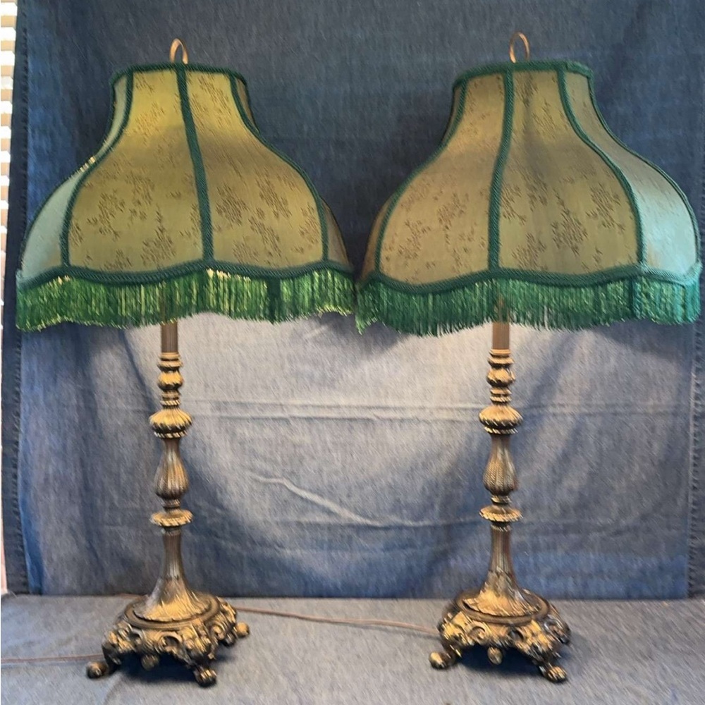 Pair Of Vintage Victorian Green Table Lamps with Fringe